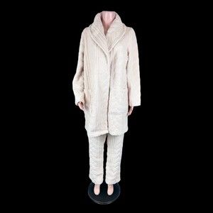 BumbleBella by Jill Martin Cable Robe & Pant Sherpa Set Charming Ivory Medium Sz